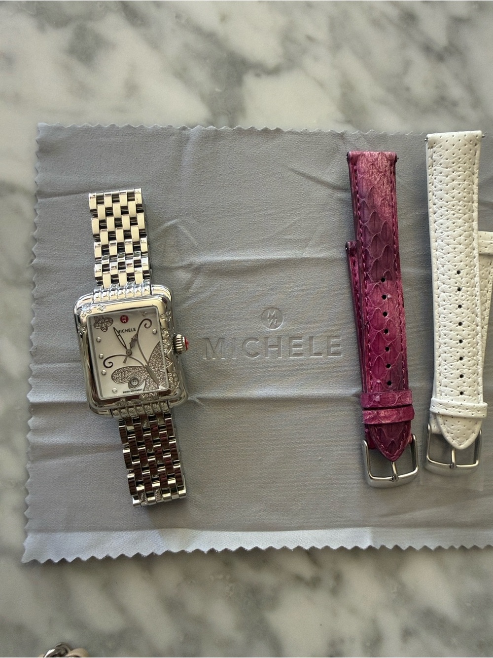 Michele Silver Stainless Steel Butterfly Diamond Accent Watch - White Dial - Picture 2 of 14